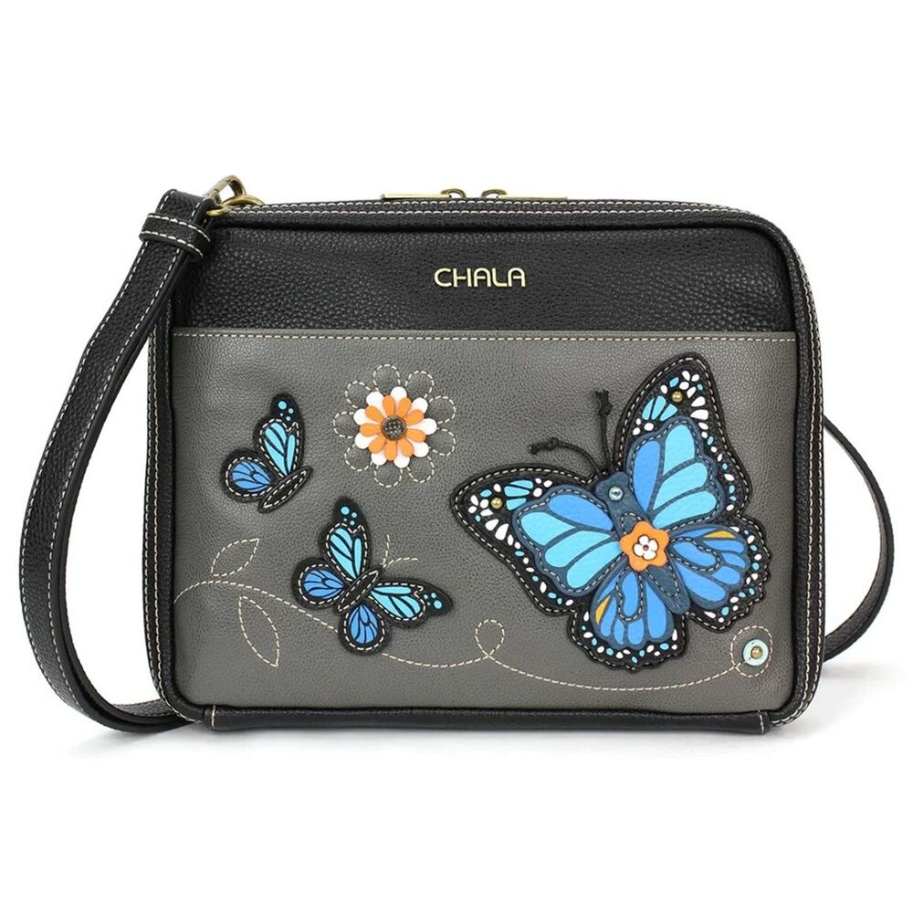 Chala Companion Organizer Crossbody Built-In Wallet - Blue Butterfly, Gray NWT
